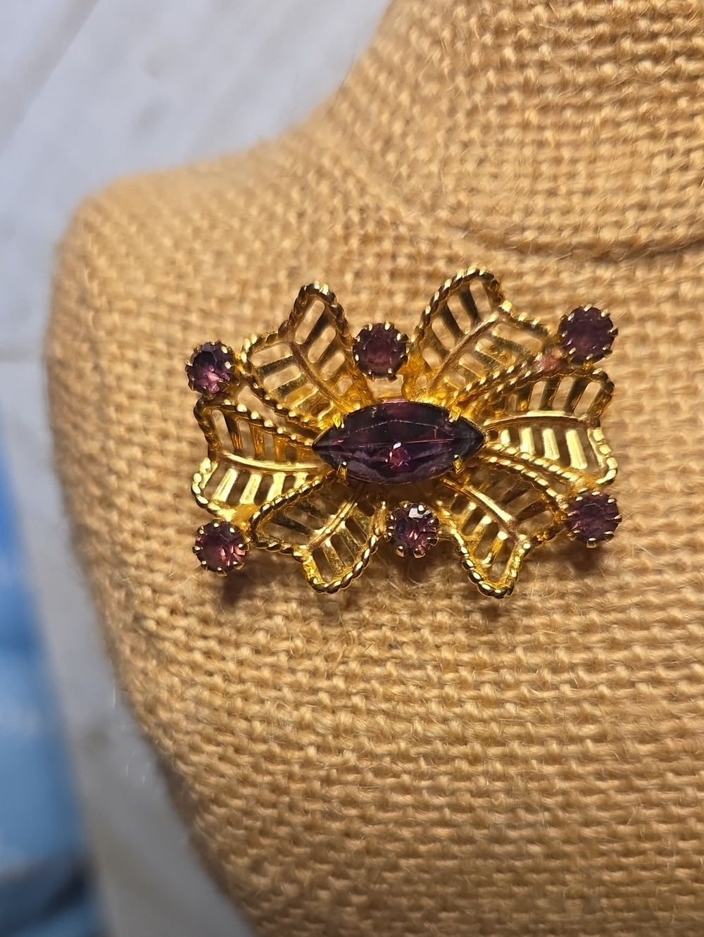 Vintage Faux Amethyst Crystal Round And Marquise And Faux Gold Brooch